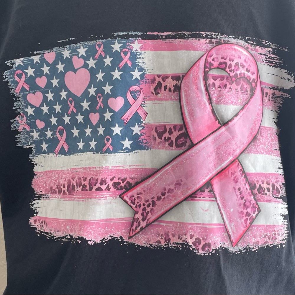 Breast Cancer T-Shirt with Hearts, flag, and ribbon.